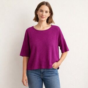 EILEEN FISHER Purple Organic Linen Cotton Boxy Knit Top Small Minimalist